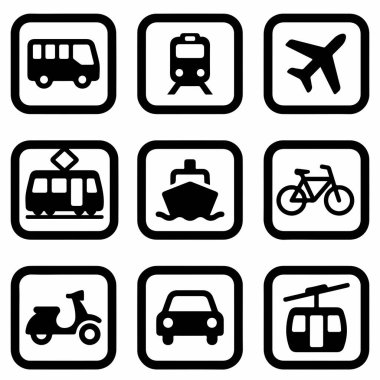Dokuz basit, cesur ulaşım simgesinden oluşan bir koleksiyon. Bir otobüs, tren, uçak, tramvay, gemi, bisiklet, scooter, araba ve teleferik, seyahat veya ulaşım uygulamaları için mükemmel.