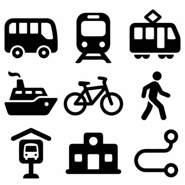 Otobüs, tren, tramvay, gemi, bisiklet ve yaya da dahil olmak üzere çeşitli toplu taşıma araçlarını temsil eden dokuz adet katı siyah vektör simgesi..