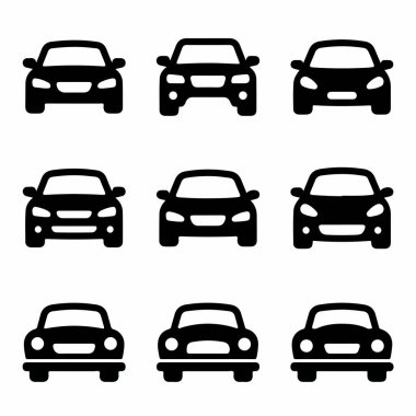 Önden gösterilen dokuz farklı araba simgesinden oluşan bir koleksiyon. Basit siyah araç siluetleri grafik tasarım elementleri için beyaz bir arkaplan üzerinde izole.