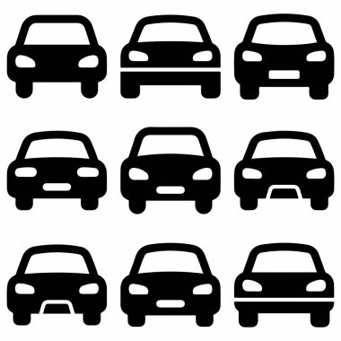 Dokuz farklı ön görüş simgesinden oluşan bir set. Web tasarımı, trafik işaretleri veya ulaşım kavramları için otomobil siluetlerinin basit siyah ve beyaz vektör çizimi.