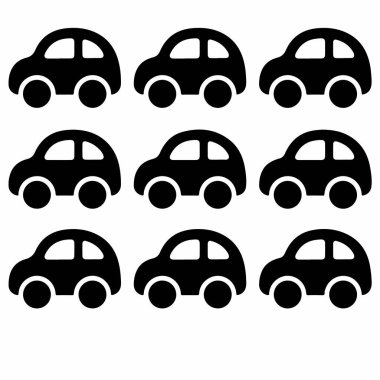 Dokuz özdeş, minimalist siyah araba simgesinden oluşan bir ızgara. Basit, yuvarlak tasarım piktogramlar, semboller ya da çocuk çizimleri için uygundur. Beyaz bir arkaplanda izole edilmiş.