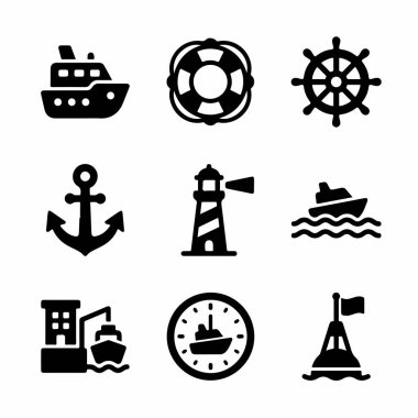 Beyaz bir zemin üzerinde bir gemi, çapa, deniz feneri, dümen ve can simidi içeren deniz ve deniz teması ile ilgili dokuz basit vektör simgesi koleksiyonu..