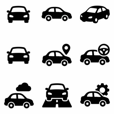 Konum, direksiyon, hava durumu, yol ve bakım gibi çeşitli kavramları temsil eden dokuz basit siyah siluet araba simgesi beyaz bir arka planda izole edilmiş..