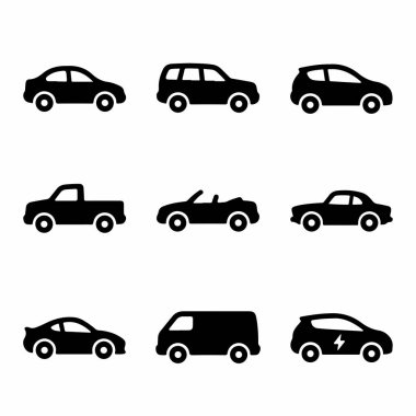 Beyaz arka planda izole edilmiş çeşitli araba siluetleri. Sedan, SUV, kamyonet, üstü açılabilir, minibüs ve grafik tasarım için elektrikli araba sembolü içerir.