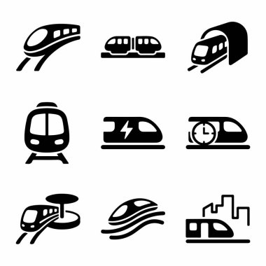 Tasarım projeleri için yüksek hız, elektrik, metro ve kentsel geçiş sembolleri de dahil olmak üzere çeşitli tren ve demiryolu taşımacılığını temsil eden dokuz siyah siluet simgesi koleksiyonu.