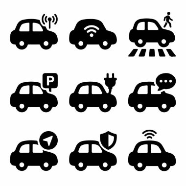 Kablosuz ağ, GPS, elektrikli araç, özerk sürüş ve beyaz arka plandaki güvenlik simgelerini içeren akıllı araba sembollerinin vektör grafik koleksiyonu.