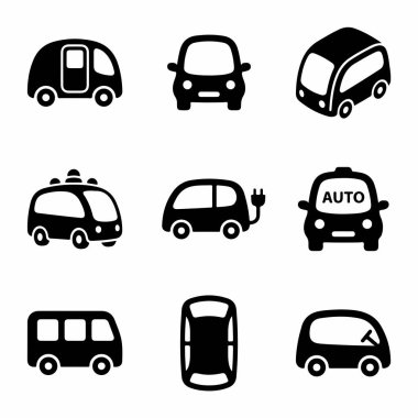 Dokuz basit siyah araç simgesinden oluşan bir koleksiyon. Ön, yan, üst ve izometrik araba, bir minibüs, bir elektrikli araç ve bir taksi görüntülerini içerir. Beyaz bir arkaplanda izole edilmiş.