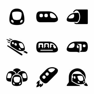 Beyaz arka planda modern yüksek hızlı tren, metro ve gelecekçi demiryolu taşımacılığı kavramlarını temsil eden dokuz basit siyah simge simgesi..