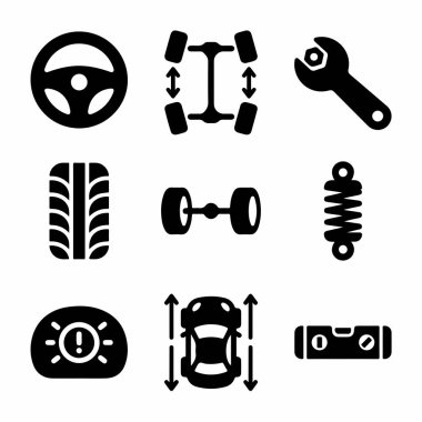 Direksiyon, hizalama, ingiliz anahtarı, lastik, dingil ve şok emici de dahil olmak üzere otomotiv bakımını temsil eden siyah ve beyaz vektör simgelerinin bir koleksiyonu.