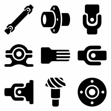 Otomotiv tamiri için araç sürüş parçalarını, sürücü şaftlarını, boyundurukları, flanşları ve çivi dişlilerini temsil eden dokuz katı siyah simge koleksiyonu..