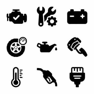 Araç bakımı, onarım araçları, pil, lastik basıncı, yağ kutusu, buji, sıcaklık ve yakıt enjektörü de dahil olmak üzere araç bakımı ve teşhisi için dokuz ayrı ikondan oluşan bir koleksiyon.