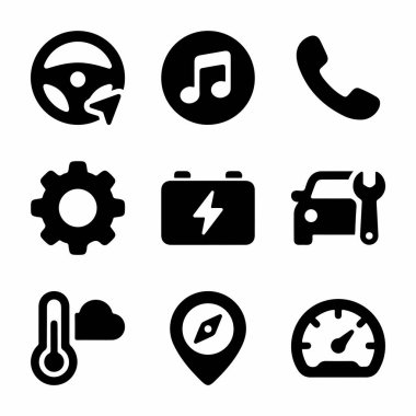 Otomotiv uygulamaları için dokuz siyah simge koleksiyonu. Yönlendirme, müzik, telefon, ayarlar, pil, servis, hava, navigasyon ve hız göstergesi sembollerini içerir.
