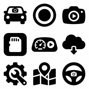Kayıt, GPS navigasyon, hafıza kartı, ayarlar ve araç güvenliği ve izleme için bulut indirme gibi gösterge kamerası özelliklerini temsil eden bir siyah katı simge koleksiyonu.