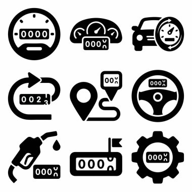 Kilometre yakıt tüketim rotası direksiyon ve motor performans göstergeleri de dahil olmak üzere arabayla ilgili verileri temsil eden dokuz katı siyah simge koleksiyonu.