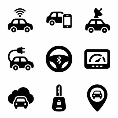 Bağlantı, elektrikli araçlar, GPS navigasyon ve beyaz arka planda akıllı telefon entegrasyonu gibi modern otomotiv teknolojilerini temsil eden dokuz katı siyah simge koleksiyonu..