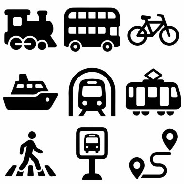 Tren, otobüs, bisiklet, gemi, metro ve tramvay gibi ulaşım, yol haritası ve yaya geçidi gibi seyahat sembolleri içeren bir vektör simgesi seti.