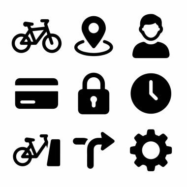 Bisiklet kiralama uygulaması veya servisi, bisiklet, konum, kullanıcı, ödeme, kilit, zaman, park, navigasyon ve ayarlar sembolleri de dahil olmak üzere siyah katı simgelerin bir koleksiyonu.