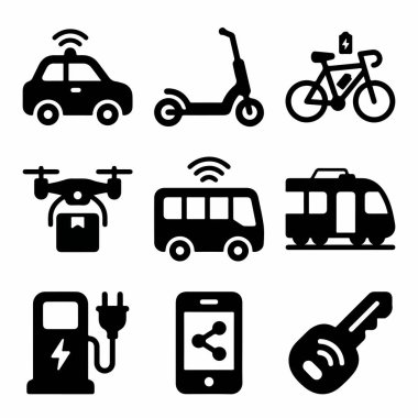 Elektrikli arabalar, scooterlar, motorlar, dronlar, otobüsler ve paylaşım teknolojisi gibi akıllı ulaşım çözümlerini temsil eden koyu siyah simgelerden oluşan bir koleksiyon..