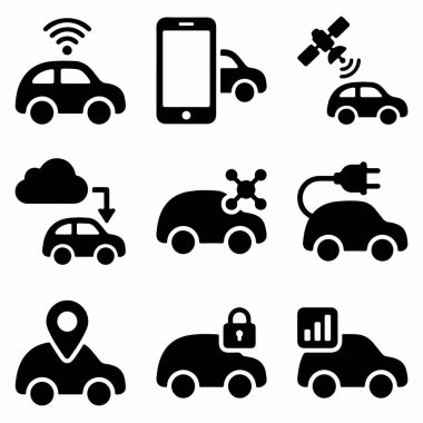 Beyaz arka planda bağlantı, GPS, elektrik yükleme, güvenlik ve otonom sürüş teknolojisi gibi akıllı araba özelliklerini temsil eden siyah simgelerden oluşan bir koleksiyon..