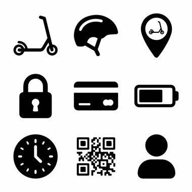 Bir e-scooter kiralama servisini temsil eden sağlam simgelerden oluşan bir koleksiyon. Scooter, kask, konum, kilit, ödeme, pil, zaman, QR kodu ve kullanıcı için semboller içerir.