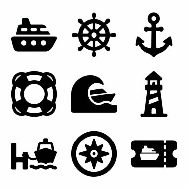 Bir gemi, çapa, deniz feneri ve pusula da dahil olmak üzere deniz yolculuğu ve deniz temalarıyla ilgili dokuz adet simge. Tasarım için basit vektör simgeleri.