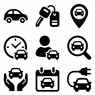 Araba servisiyle ilgili basit siyah simgelerden oluşan bir koleksiyon. Kiralama, konum, anahtarlar, rezervasyon, arama, sigorta ve elektrikli araç için beyaz arka plan ücretlerini içerir.