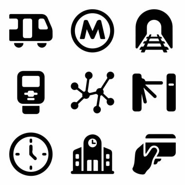 Bir tren, metro tabelası, tünel, bilet makinesi, ağ, turnike, saat, istasyon ve ödeme kartı da dahil olmak üzere toplu taşımacılıkla ilgili dokuz sağlam siyah simge koleksiyonu.