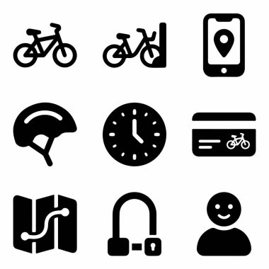 Bisiklet, kask, harita, ödeme yöntemi, uygulama, kilit ve kullanıcı sembolü içeren dokuz siyah simge koleksiyonu.