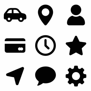 Beyaz arka planda izole edilmiş dokuz temel siyah kabartma simgesinden oluşan bir derleme. Web ve uygulama UI için araba, konum kodu, kullanıcı, kredi kartı, saat, yıldız, navigasyon, sohbet ve ayarlar dişli sembolleri içerir.