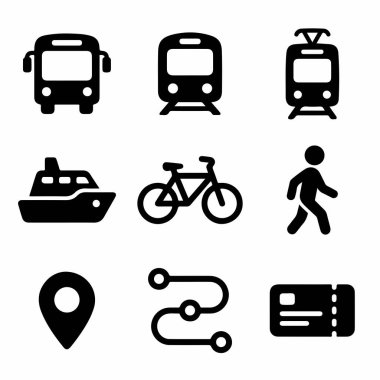 Işınlama ve seyahat için siyah simgeler seti. Otobüs, metro, tramvay, feribot, bisiklet, yaya, harita broşu, rota ve bilet sembolleri dahil. Beyaz bir arkaplanda izole edilmiş.