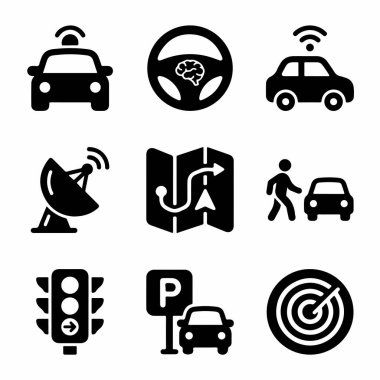 GPS navigasyon, yapay zeka kontrolü, sensörler ve trafik güvenliği de dahil olmak üzere otonom araçların konseptlerini temsil eden koyu siyah simge simgelerinin bir derlemesi.