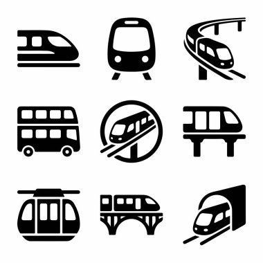 Beyaz arka planda tren, metro, otobüs, monoray ve teleferik gibi çeşitli toplu taşıma araçlarını temsil eden dokuz siyah siluet simgesi koleksiyonu..