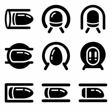 UI ve web tasarımı için çeşitli perspektiflerden gösterilen vakum tüpünün içindeki fütürist bir hiperdöngü ya da maglev tren podunu tasvir eden dokuz basit simge kümesi..