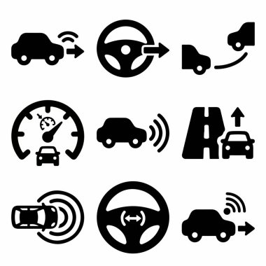 Sürücü yardım sistemleri için sağlam simge koleksiyonu. Uyarlanabilir seyir kontrolü, şerit tutma ve otopark gibi. Modern araç teknolojisi için izole vektör sembolleri.