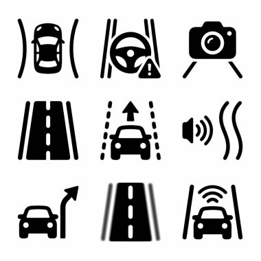 Şerit koruma, otonom sürüş, sensörler, kameralar ve navigasyon gibi gelişmiş sürücü yardım sistemlerini temsil eden siyah simge koleksiyonu.