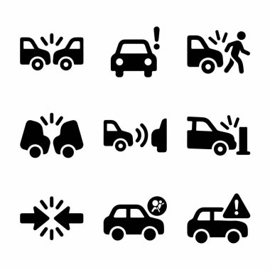 Bu simge seti arka uç, kafa kafaya çarpışma, bir yayaya çarpma ve sensör uyarısı gibi çeşitli araba kazası senaryolarını içerir. Kolay kullanım için koyu siyah kabartma biçimi.