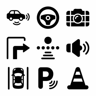 Park sensörleri, kamera, direksiyon ve güvenlik uyarıları da dahil olmak üzere modern araç teknolojisini temsil eden dokuz katı siyah simge koleksiyonu..