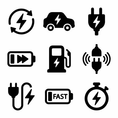 Elektrikli araçlar, akü şarjı, güç istasyonları ve beyaz arka planda hızlı şarj teknolojisiyle ilgili dokuz adet siyah katı kabartma simgesi koleksiyonu..