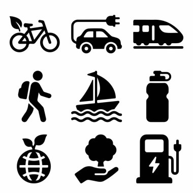 Elektrikli araçlar, bisiklet, toplu taşıma ve çevresel koruma sembolleri gibi sürdürülebilir yaşam kavramlarını temsil eden siyah siluet simgelerinin bir derlemesi.