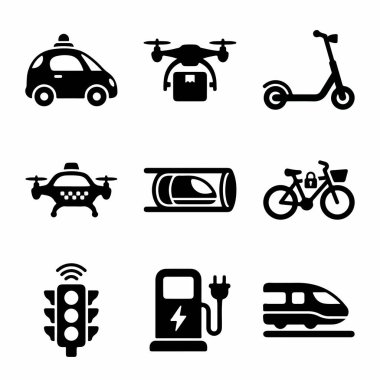 İHA, elektrikli scooter, hiperdöngü, akıllı trafik ışığı ve EV şarj istasyonu da dahil olmak üzere modern ve gelecekteki ulaşım araçlarını temsil eden siyah simgelerden oluşan bir koleksiyon..