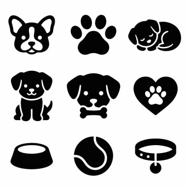 Köpekler ve evcil hayvanlarla ilgili dokuz basit simge koleksiyonu. Yavru köpek yüzü, pençe izi, uyuyan köpek, yemek kasesi, tenis topu, tasma ve kalp sembolü içerir..