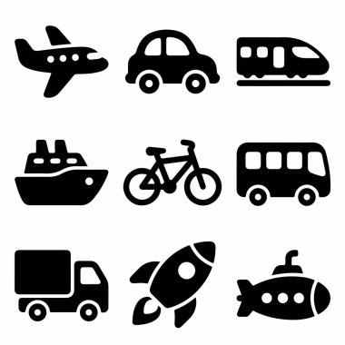 Ağ ve grafik tasarımı için uçak, araba, tren, gemi, bisiklet, otobüs, kamyon, roket ve denizaltı içeren dokuz basit siyah taşıma simgesi.
