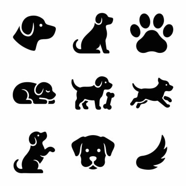 Beyaz arka planda izole edilmiş pençe izi, kafa profili ve oyuncu eylemler de dahil olmak üzere çeşitli pozlarda köpek ve yavru köpekleri temsil eden dokuz adet siyah vektör simgesi..