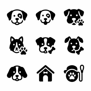 Evcil hayvanlar ve köpekler için dokuz basit simge seti. Çeşitli köpek başları, pençe izleri, kemikler, bir köpek kulübesi ve hayvan bakımı veya veteriner hizmetleri için bir tasma sembolü içerir..