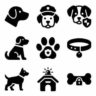 Polis köpekleri, bekçi hayvanları ve evcil hayvan güvenlik konseptlerini temsil eden dokuz siyah katı ikondan oluşan bir koleksiyon. K9 subayı, pençe izi kalkanı ve kilitli kemik..