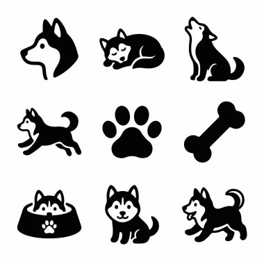 Uyuma, uluma ve koşma gibi çeşitli pozlarda Sibirya Husky 'sinin yer aldığı dokuz basit siyah beyaz ikonun yanı sıra bir pençe izi, kemik ve köpek kasesi..