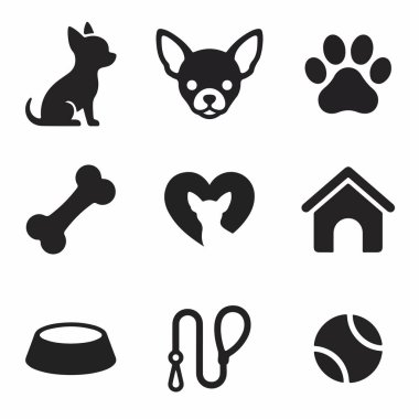 Köpek sahibi olmakla ve evcil hayvan bakımıyla ilgili dokuz basit siyah sembol koleksiyonu içinde chihuahua köpek yavrusu, pençe izi, kemik, köpek kulübesi, kase, tasma ve top da var..