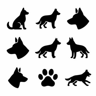 Bir grup siyah vektör ikonu, bir Alman çoban köpeğini otururken, ayakta ve koşarken farklı pozlarda gösteriyor. Baş profilleri ve bir pençe izi silueti içerir.