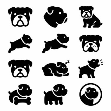 Buldog yavrusu içeren basit siyah vektör simgelerinden oluşan bir derleme. Set, köpeğin oturduğu, koştuğu, uyuduğu, havladığı ve kemikle oynadığı ikonları içeriyor..