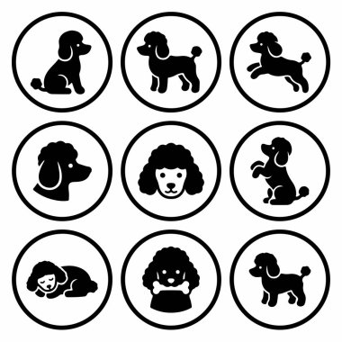 Bir dizi siyah-beyaz vektör ikonu kaniş köpeğinin çeşitli poziyonlarda ve aktivitelerde ürediğini gösteriyor. Oturmayı, ayakta durmayı, koşmayı ve dairelerin içinde uyuyan siluetleri içerir..